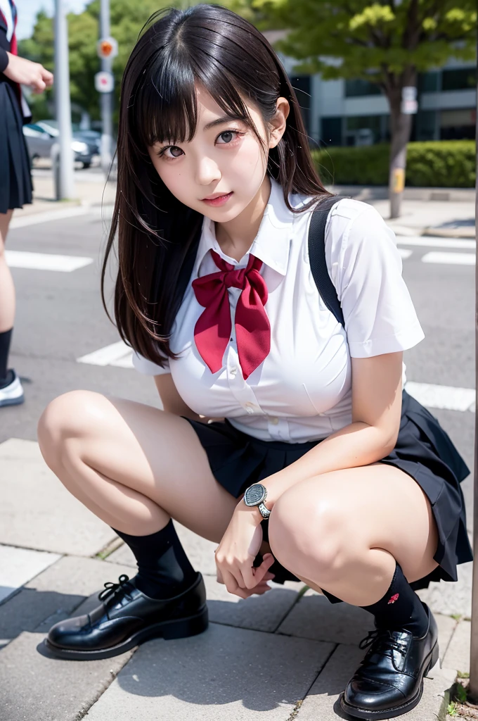 took a full body photo of a Japanese girl wearing a school uniform, Girl squatting with legs spread and sitting, she was squatting on the sidewalk giving a sexy pose with a lewd face, she must have thic and sexy areolas, and black hair, her chest must be big. Please make her look like a typical Japanese school girl in a white blouse, Red bow, Black shoes, knee socks and a very short pleated skirt. captures the natural lighting of the scene with a bright, sunny ambiance. Make sure your photos look authentic、Capture the energy and charm of Japan ren in a busy environment