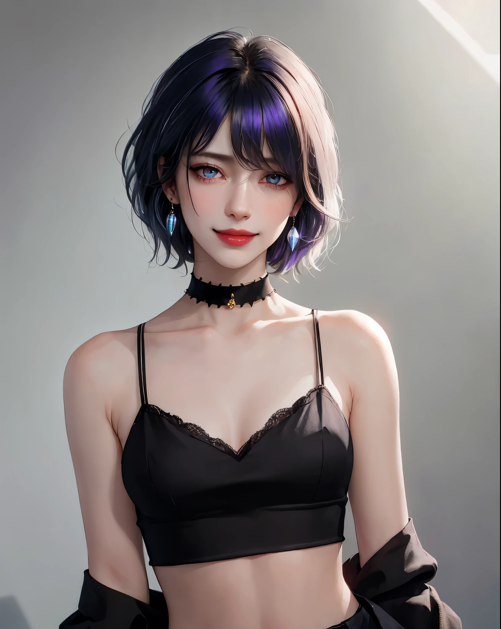 (masterpiece, best quality, solo, intricate details, chromatic aberration), (realistic),(skin), ((breath)),(1girl:1.5), ((short silky hair, white hair, purple eyes)), (medium breasts:1.2), blush, (cheeky smile, parted lips),detailed hair, red head ornament, blue highlights, hair over one eye, small earrings, sharp eyes, choker,((black crop top )),(skirt),open waist,(symmetry eyes),(perfect symmetrical body), night,(((natural light))),backlighting,against grey wall, dim lighting ,look at viewer,((centered shot, from front,(face and waist)))