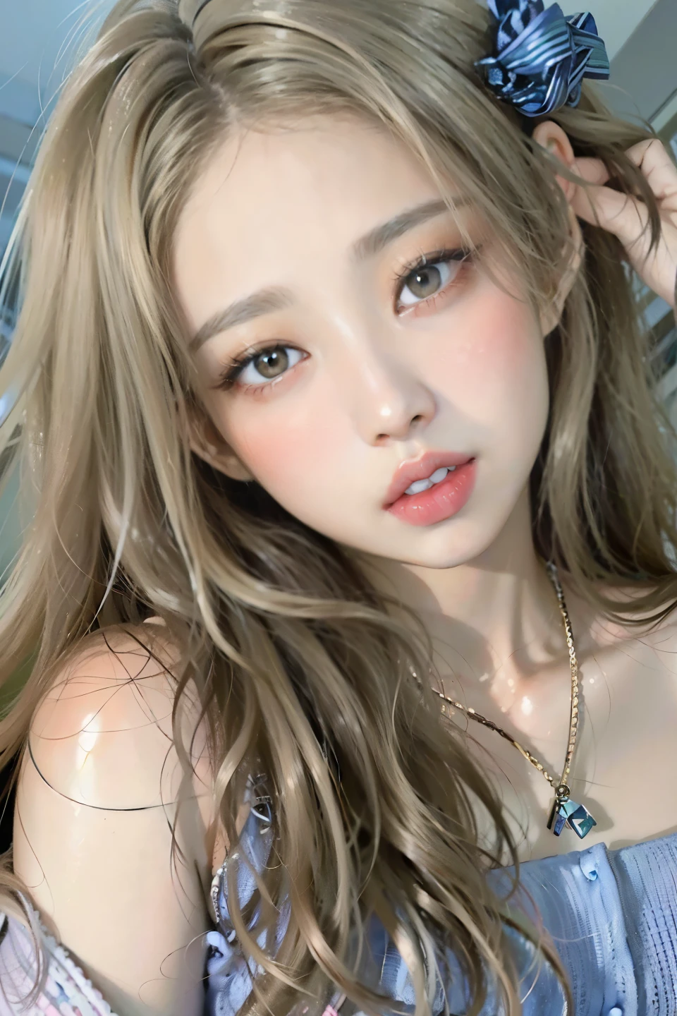 Un primer plano de una mujer con cabello largo con un vestido azul, pale porcelain white skin, pale and light skin!!, pale porcelain skin, pelo largo y rubio y ojos grandes, long cabello rubio y ojos grandes, pale milky white porcelain skin, beautiful pale makeup, cara muy bonita, cabello rubio y ojos grandes, con pelo largo y ojos penetrantes, pale round face Jennie Blackpink face