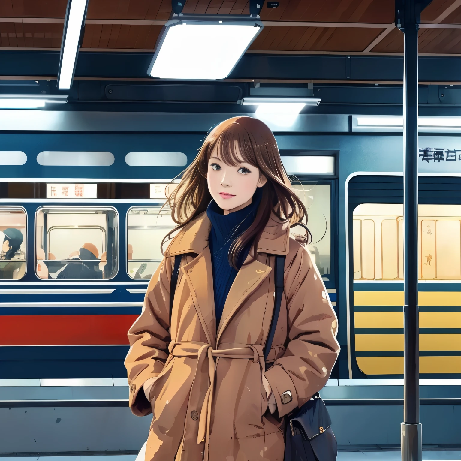 high resolution、Illustration style、Showa Anime、Ukiyo-e、((woman))、Tokyo、((fashion))、The background is the station、26 years old、winter