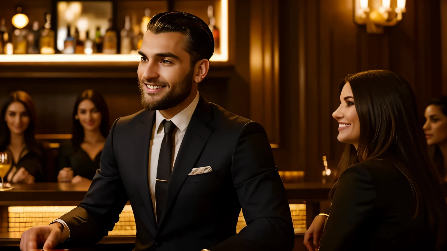 a man sitting at a bar in a modern luxury restaurant in a suit with a group of very attractive beautiful women looking at him and giggling in the background, 8k, masterpiece, best quality, golden tones at the bar, emphasis on the man, 24 years old, no beard, slicked back hair