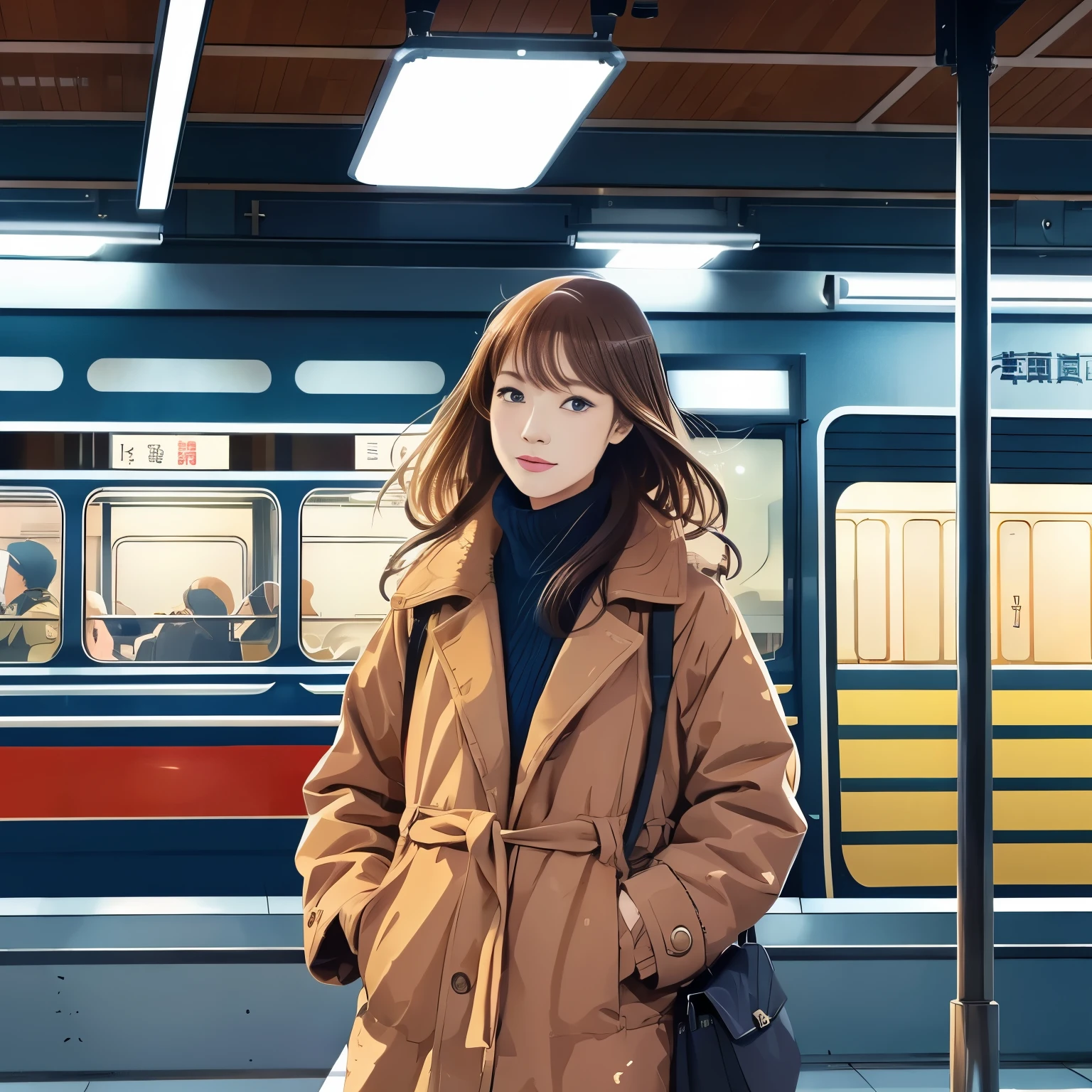 high resolution、Illustration style、Showa Anime、Ukiyo-e、((woman))、Tokyo、((fashion))、The background is the station、26 years old、winter