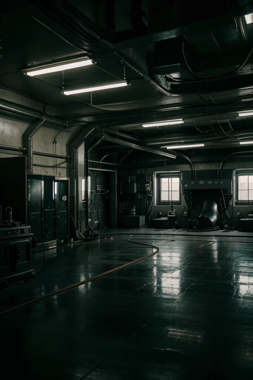 wide shot of the inside of a military lab, big room, a pod with a figure in the middle, eerie mood, many technical machines, many cables running through the room, unsettling atmosphere