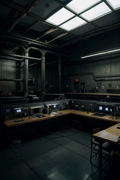 wide shot of the inside of a military lab, big room, a pod with a figure in the middle, eerie mood, many technical machines, many cables running through the room, unsettling atmosphere