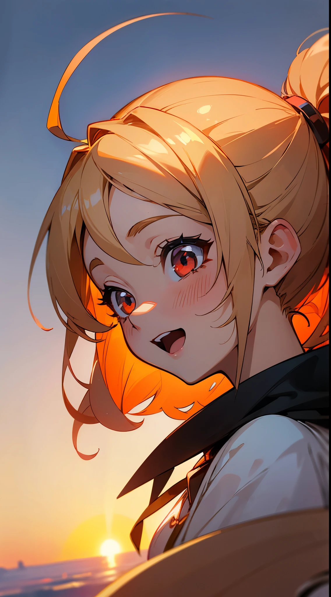 muste piece, best quality, high resolution, perfect pixel, Depth of the bounds written, In 4K, ticker, ticker, 1 girl, solo, 17 year old beautiful anime girl, beautiful art style, anime character clara, blonde hair ponytail、Ahoge, big round red eyes:1.4, Beautiful eyes drawn down to the smallest detail, Perfect eyes,Curly eyelashes, realistic eyes, detailed face, red face:1.2, Anime CG style, shy smile, open mouth、profile、Under the sunset sky