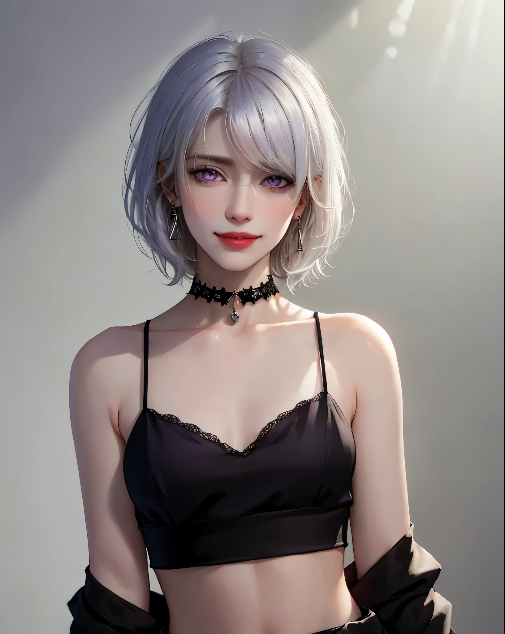 ((((masterpiece, best quality, high resolution)))), (1girl:1.5), ((short silky hair, white hair, purple eyes)), (medium breasts:1.2), blush, (cheeky smile, parted lips), glow, thighs, bare shoulders, collarbone, narrow waist, (slender body figure), (beautiful detailed face, beautiful detailed eyes), ((Black crop top, open waist)), looking at viewer, ((centered shot, from front,(face and waist)))