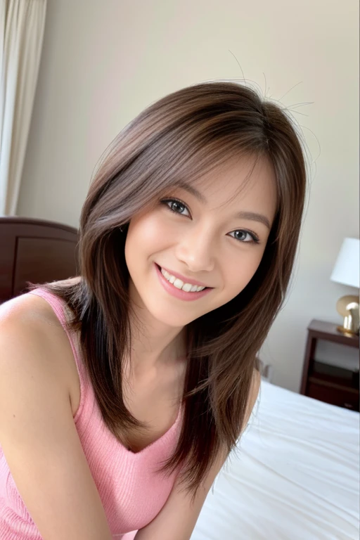 A beautiful woman with perfect eyes and nose、beauty like a model、cute like a model、eyes are double、How to use regular mascara、eye color is blue、hair color is pink、her face is delicate and elegant.、4K image、beautiful style like a model、Normally large、A refreshing and lovely smile、pose like a model、Overall image、snap shot、Glamaloid Smile、Beautiful and delicate face like a model、highest quality、Masseter muscle part、Beautiful smile、in a bright room、I'm sitting on the bed wearing a pink miniskirt.、best femininity、adult smile、sexy pose、