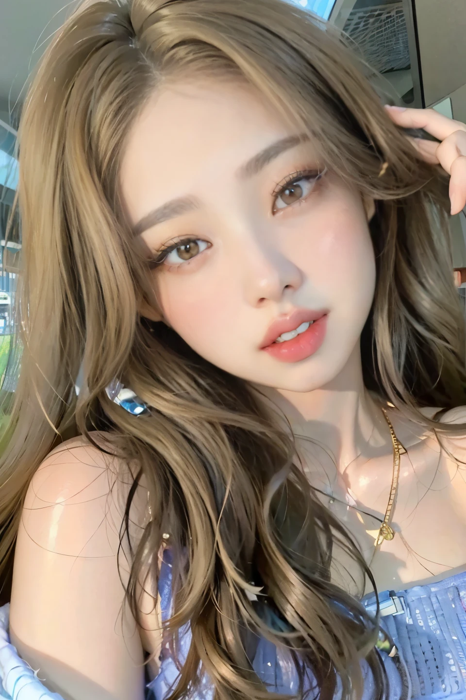 mujer con cabello largo con un vestido azul, ulzzang, 8k selfie photography, con pelo largo y ojos penetrantes, realista. cheng yi, tendencia en cgstation, kawaii realista linda cara de anime natural, Her light brown skin, pale milky white porcelain skin, maquillaje popular de corea del sur, yanjun chengt, hermoso rostro estetico cara Jennie Blackpink