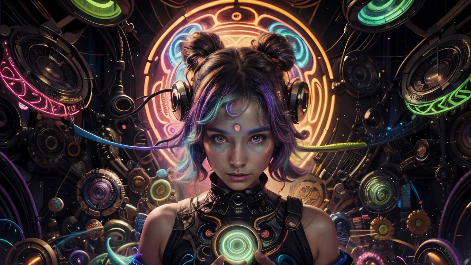 Alien Psy Trance wallpaper with ouvido telephones, Encouragement to art, colores vibrantes, Detailed alien girl, chica hermosa, Swirling Psychedelic Patterns, neon lights, strange atmosphere, Estilo de arte digital, 8k resolution