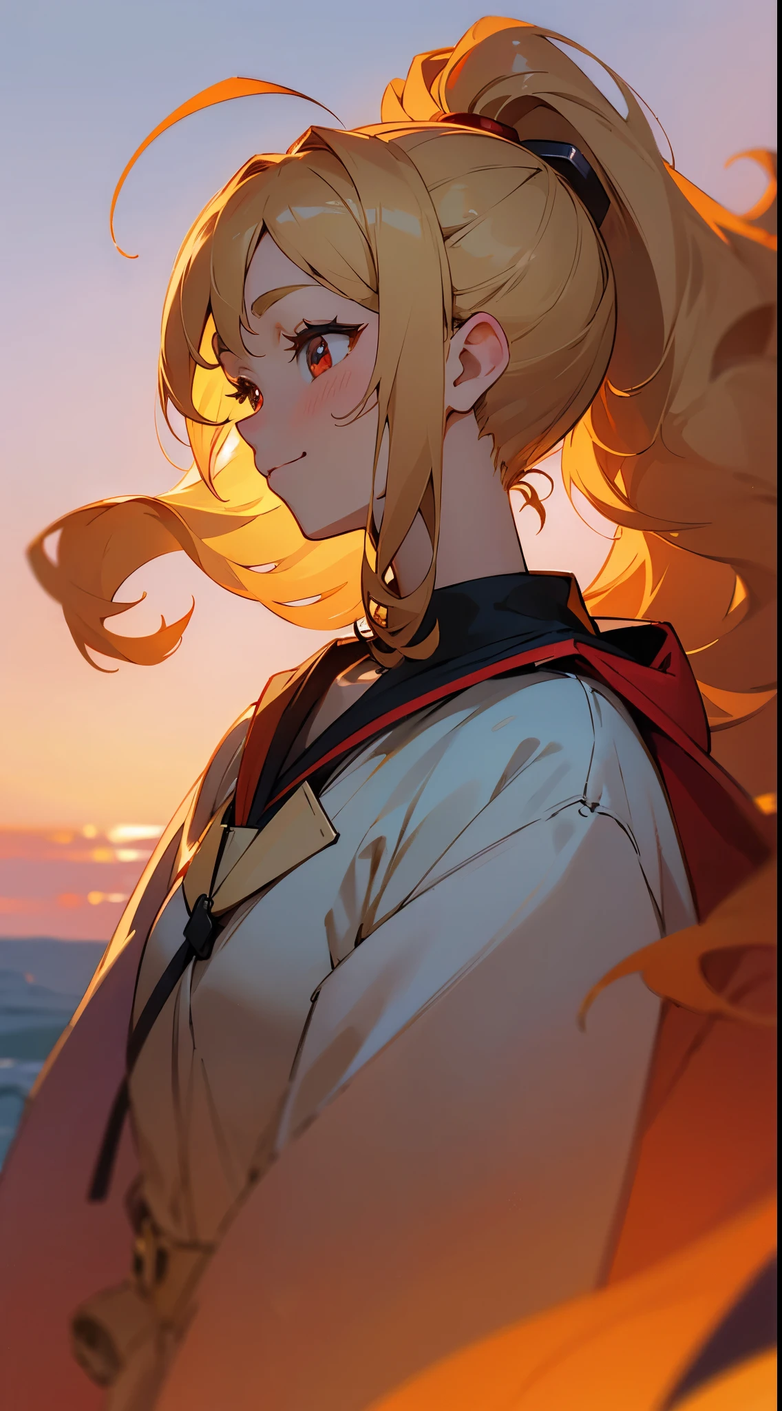 muste piece, best quality, high resolution, perfect pixel, Depth of the bounds written, In 4K, ticker, ticker, 1 girl,  solo,  17 year old beautiful anime girl, beautiful art style, anime character clara, blonde hair ponytail、Ahoge, big round red eyes:1.4, Beautiful eyes drawn down to the smallest detail, Perfect eyes,Curly eyelashes, realistic eyes, detailed face, red face:1.2,  Anime CG style, shy smile、profile、Under the sunset sky