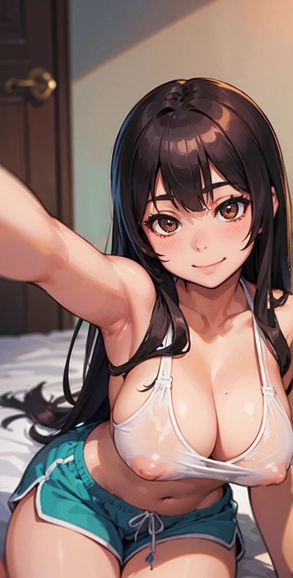 realistic, 1girl, selfie, body close together, looking up, cleavage emphasis, smiling, face extra large zoom, sitting on bed, sexy, (brown eyes), (bare shoulders), (covered nipples), (camisole), (dolphin shorts)