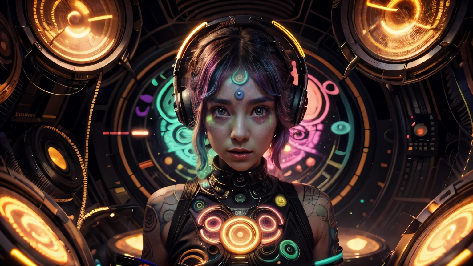 Alien Psy Trance wallpaper with ouvido telephones, Encouragement to art, colores vibrantes, Detailed alien girl, chica hermosa, Swirling Psychedelic Patterns, neon lights, strange atmosphere, Estilo de arte digital, 8k resolution