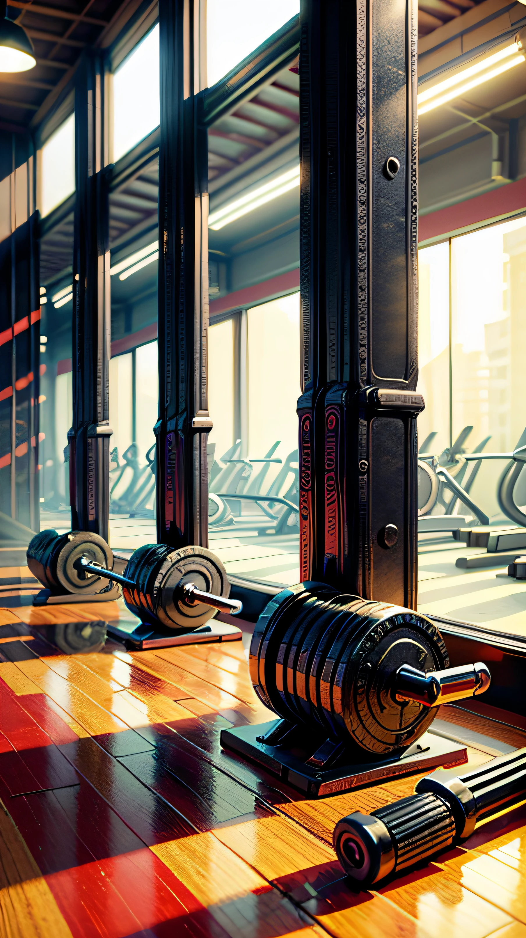gym environment with a little smoke, Hipnotizando, dumbbells and bars scattered on the floor, uma imagem inspiradora para quem deseja treinar, fitness, strength, poder, ferro. The main colors are black and gold