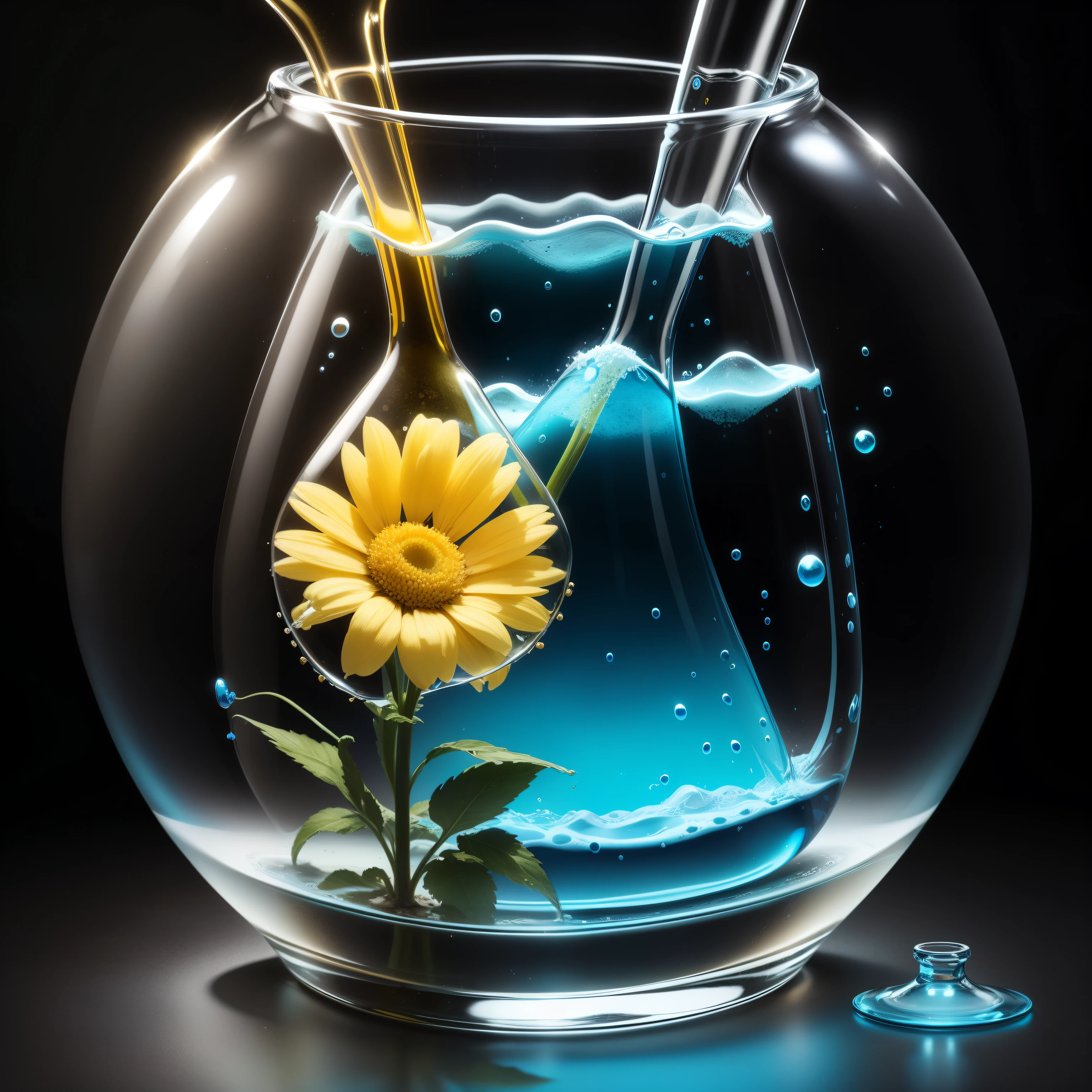 erlenmeyer avec liquide bleu, erlenmeyer avec liquide jaune, bulles