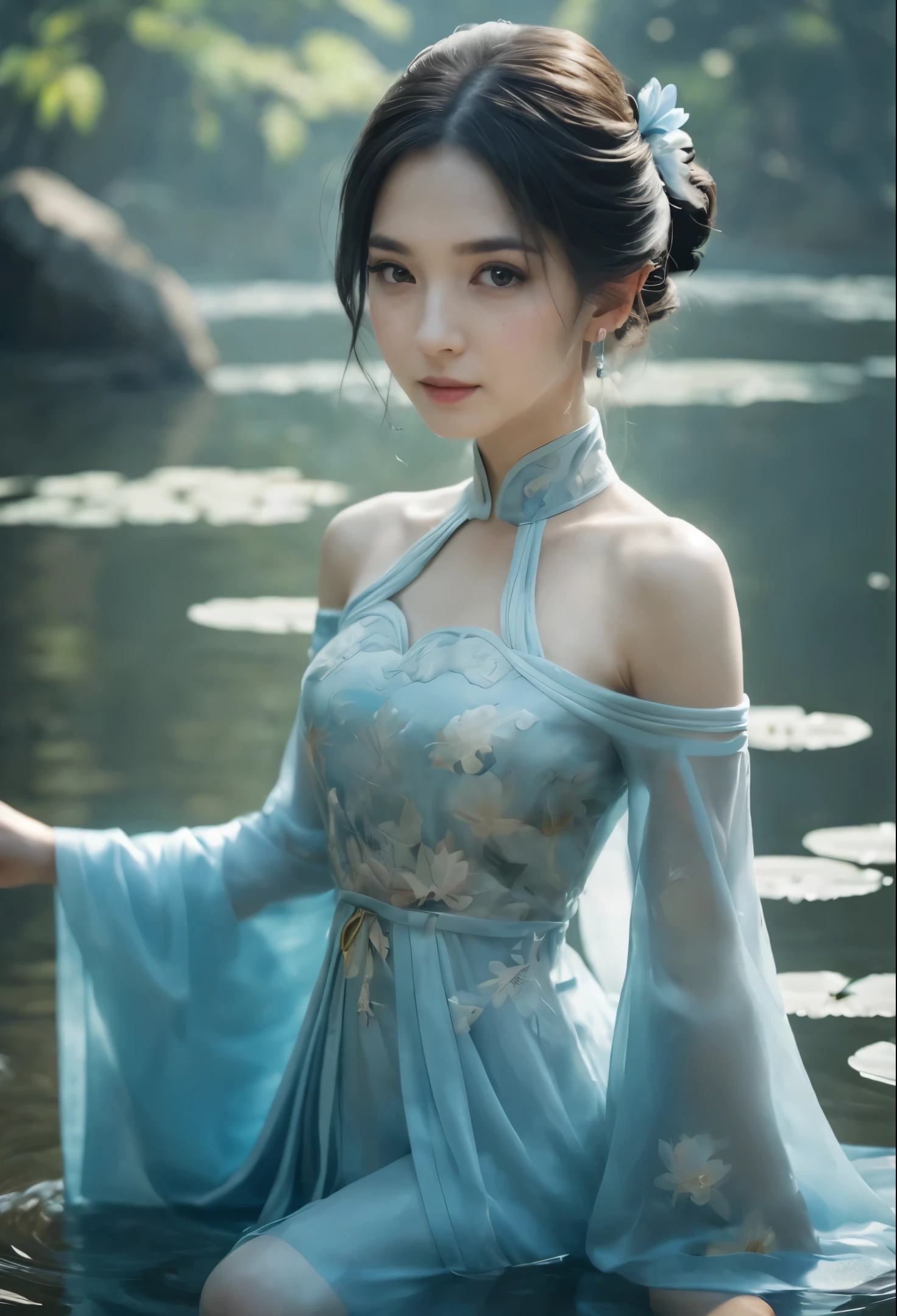 A woman in a blue dress sitting in a body of water - SeaArt AI