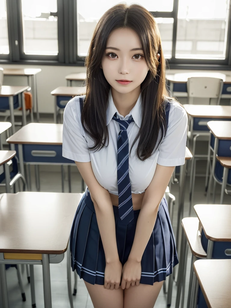 masutepiece, Best Quality, japanaese girl,1girl in, 8K, Raw photo, top-notch quality, masutepiece, nffsw:1.2, exceptionally detailed RAW color photo, professional-grade photograph, (Realistic, Photorealistic:1.37), (highly detailedskin:1.2), Ultra-high resolution, (lenz 50mm), (F/1.2),Exquisitely Detailed Eyes,Staring at the viewer, break With 1 girl (There are many elderly people:1.4), Beautiful face, kawaimile:1.05), (open mouth)(20yr old, Large breasts, wide-hips,Straight hair, (long hair), Black eyes, white fine skin,small mouth, high cheekbones (Definition), Sexy Pose,(Leaning forward:1.3),(The to the FW:1.1),White panties、Korean Idol、Nogizaka Idol、hposing Gravure Idol、asutepiece, top-quality:1.3), (Ultra detailed 8K cg:1.2), (hyper realisitic:1.35), (Photorealistic:1.45), (Realistic:1.4), Cowboy Shot, 1 beautiful Japanese girl, 22 years old, super model, Japanese Idol, __expression__, Large breasts, (sitting on the desk:1.1), (School uniform:1.4), (Spread legs:1.2), (School classroom background:1.1),