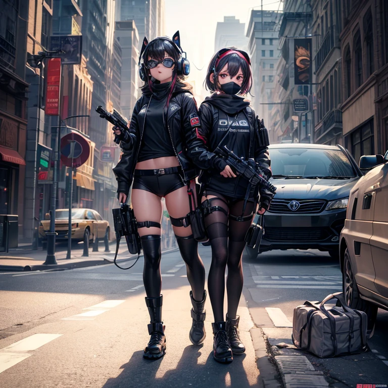 ((high quality)), ((masterpiece)), 8k, 2girls, body armor, light rays, extremely detailed CG wallpaper unity 8k, game cg, looking at viewer, gloves, boots, full body, watch, computer, mask, drone , weapons, headphones, jacket, bag, backpack,, (Masterpiece:1.3), (best quality:1.3),