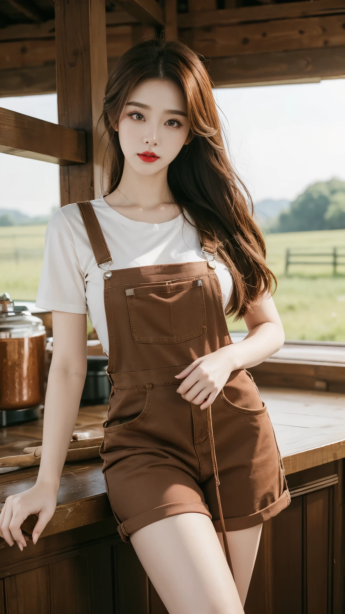 Beautiful girl, Korean makeup, Red lips, medium body, medium chest, reddish brown hair, femoral, overalls and apron outfit, Cow farm landscape, Byre, cows around,