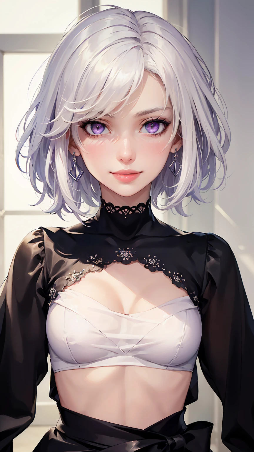 (masterpiece, best quality, solo, intricate details, chromatic aberration), (realistic),(skin), ((breath)),(1girl:1.5), (((short silky hair, white hair, purple eyes))), (medium breasts:1.2), blush, (cheeky smile, parted lips),detailed hair, red head ornament, blue highlights, hair over one eye, small earrings, sharp eyes, choker,((black crop top )),(skirt),open waist,(symmetry eyes),(perfect symmetrical body), night,(((natural light))),backlighting,against grey wall, dim lighting ,look at viewer,((centered shot, from front,(face and waist)))