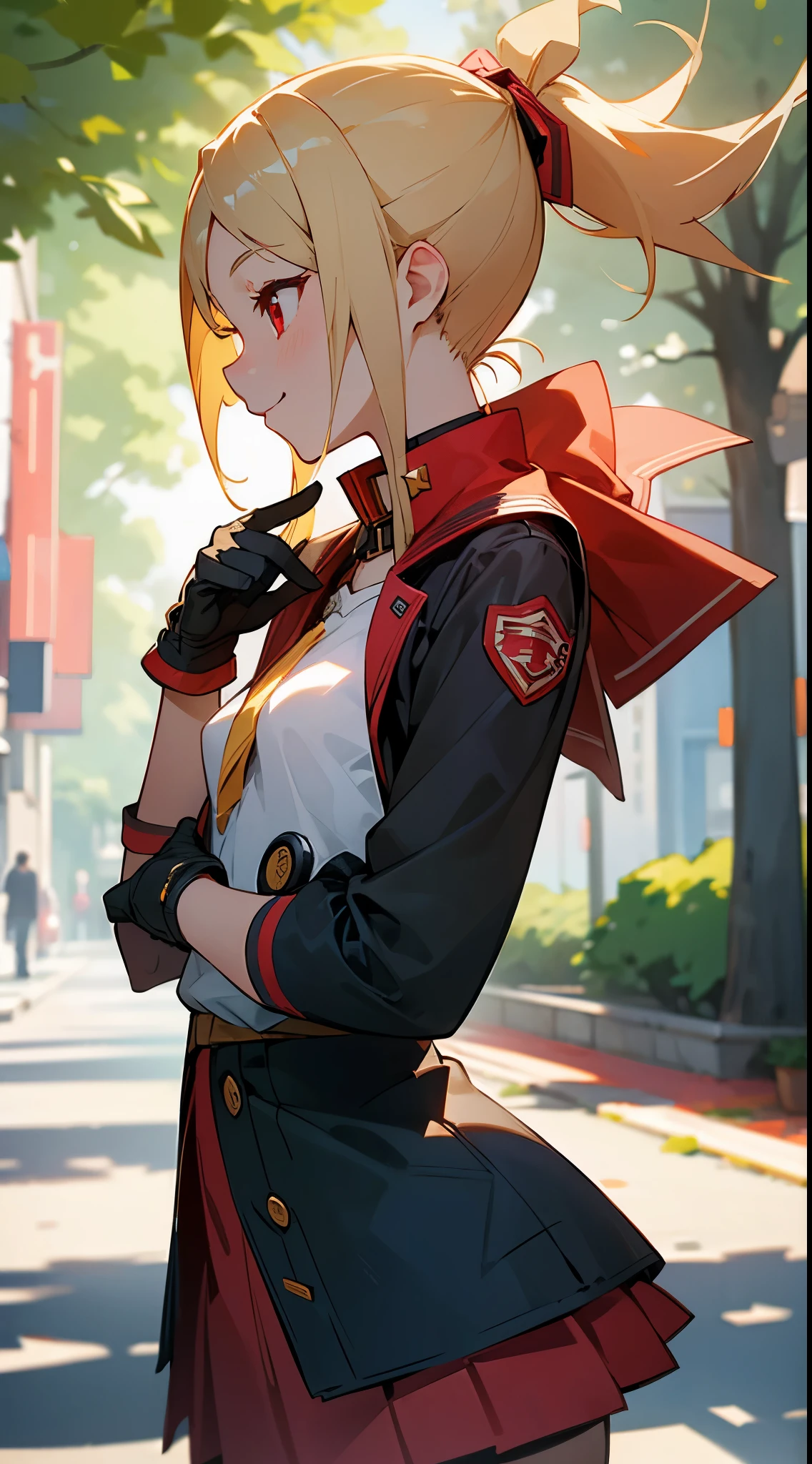 (best quality、Super detailed、Reality)、A girl full of vitality、high school girl、small breasts、riders jacket、blonde hair、red eyes、ponytail、profile、gloves、cheerful smile、stand in front of a street tree