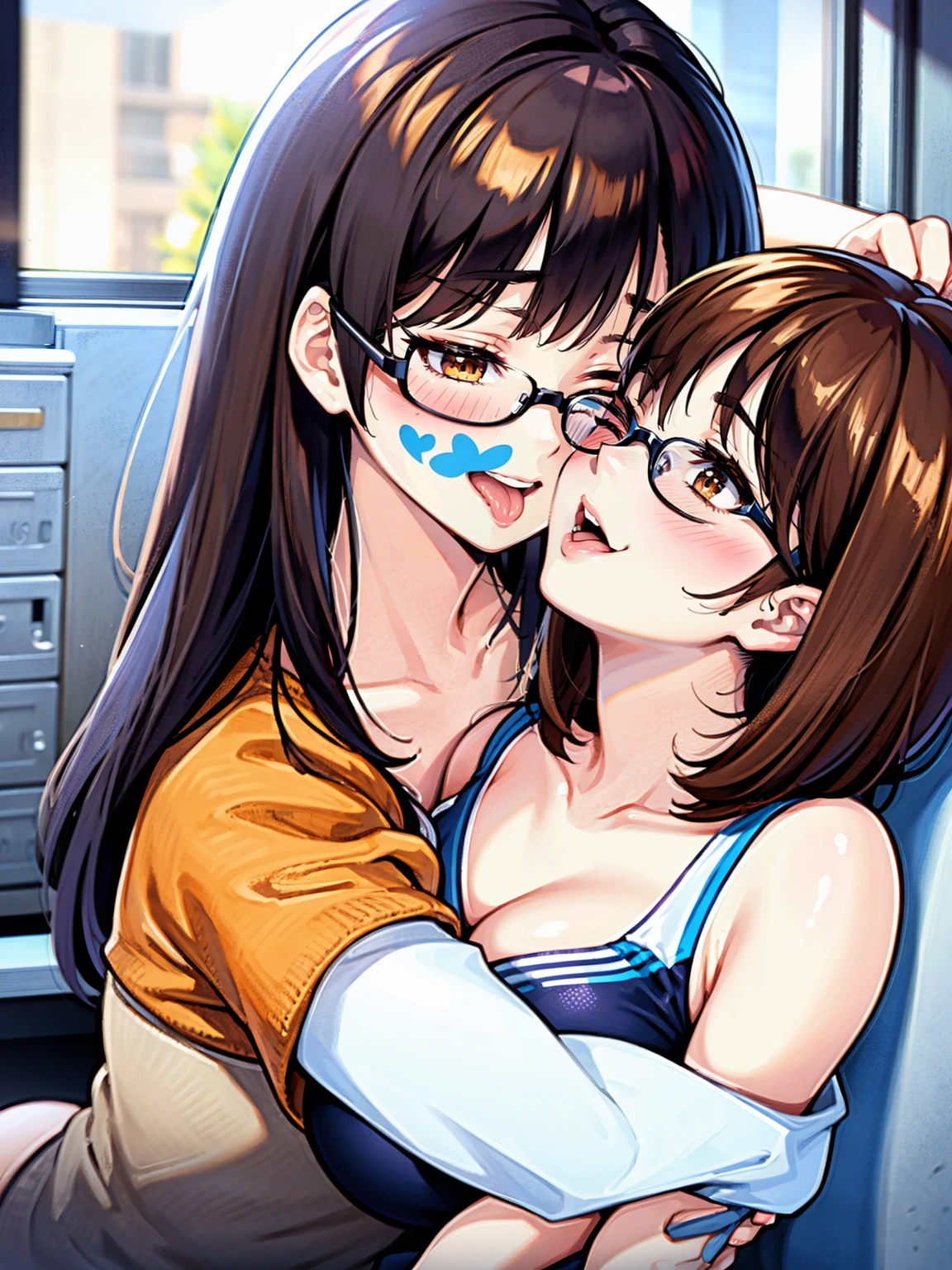 nsfw,(masterpiece, best quality:1.2)2girls, locker room, AND 2girls, gray sports bra, smile, eye closed ,kissing her face,out tongue,dark orange hair, short waviy hair, brown eyes, glasses,yuri AND 2girls, pink bra, smile, eye closed,kissing her face,out tongue,black hair, medium hair, brown eyes, glasses,yuri sex,extasy Face,