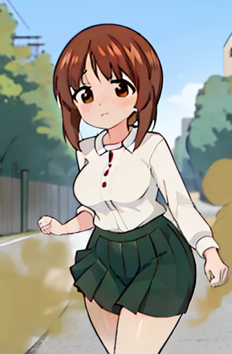 masterpiece, best quality, 1girl,solo,girls und panzer,nishizumi miho, brown hair, brown eyes,short hair,large breasts,ooarai school uniform,white shirt,black handkerchief,green skirt,loafers,outdoors, street, walking,women stink、Attack with farts、chies、shyness