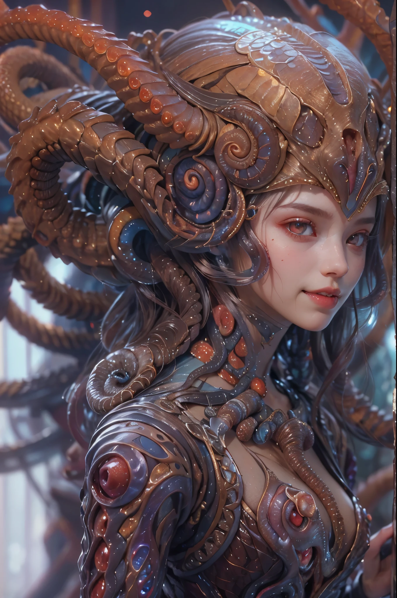 scary and sexy detailed art in color, Portrait, (beautiful and obscene female alien:1.4), (vulgarity1.5), (she has red eyes with no pupils:1.8), (Translucent skin:1.7), (There is a female genital-like organ in the middle of the forehead:1.9), (The most beautiful face in the history of the universe:1.2),an evil gaze that seduces, (large mouth:1.1), (sharp teeth like a vampire:1.2), Full body portrait, (bio luminescent:1.5), (Smile wickedly:1.3), (sexypose:1.5), alien, No humans, cells are fused, (Lots of translucent tentacles:1.3) extraterrestrial, cell, bio image, best quality, 8K,In 4K_quality, High freshness, Dramatic Lighting, masutepiece:1.5,cinematic quality, detail up, (exquisite details:1.2), high resolution, High freshness, drawing faithfully, (Thick eyebrows:1.2), Beautiful eyes with fine symmetry,(Highly detailed face and eyes:1.2), Intimate face, (Super detailed skin quality feeling:1.4), perfect anatomy, (Beautiful toned body:1.5), (Moist skin:1.2), not wearing makeup, (dark circles:1.1), long canines, cinematic drawing of characters, ultra high quality model, cinematic quality, detail up, (exquisite details:1.2), high resolution, High freshness, drawing faithfully, official art, Unity 8K Wall , 8K Portrait, best quality, Very high resolution, ultra detailed artistic photography, midnight aura, unreal engine 5, Ultra Sharp Focus, art by Amano Yoshitaka, ArtGerm, Roisch, intricate artwork, best quality, masterpiece, ultra high resolution, (photos realistic:1.4), ultra realistic realism, dream-like, nautilus, Creation of fantasy, Snail, Dream Snail, (biopunk nautilus:1.3),Thrilling color schemes, ultra realistic realism, seductively smiling, Blue tentacles,