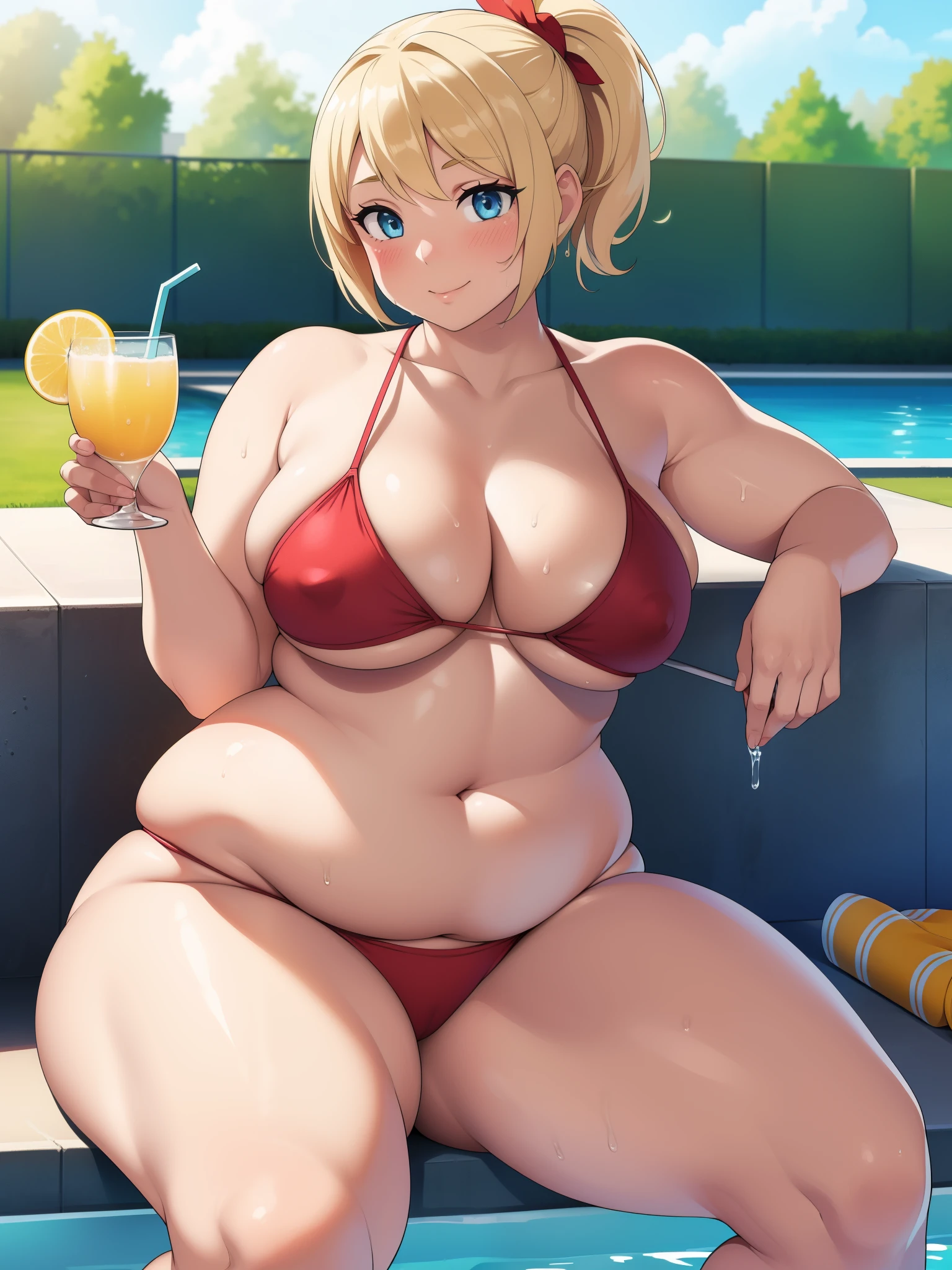 ((Masterpiece)), perfect anatomy, perfect shading, field of depth, (best quality), extremely delicate and beautiful, perfect lighting, detailed face, ultra cute face, cute, looking at viewer, (facing to the side), (((1girl))), (((solo))),
Blonde hair, short hair, ponytail, wet, blue eyes, (blushing), happy, red bikini, (thick thighs), (wide hips), chubby,
sitting, pool side, backyard, outside, holding drink,