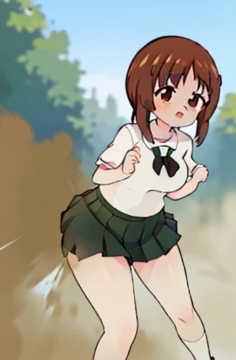 masterpiece, best quality, 1girl,solo,girls und panzer,nishizumi miho, brown hair, brown eyes,short hair,large breasts,ooarai school uniform,white shirt,black handkerchief,green skirt,loafers,outdoors, street,women stink、Attack with farts、chies、shyness