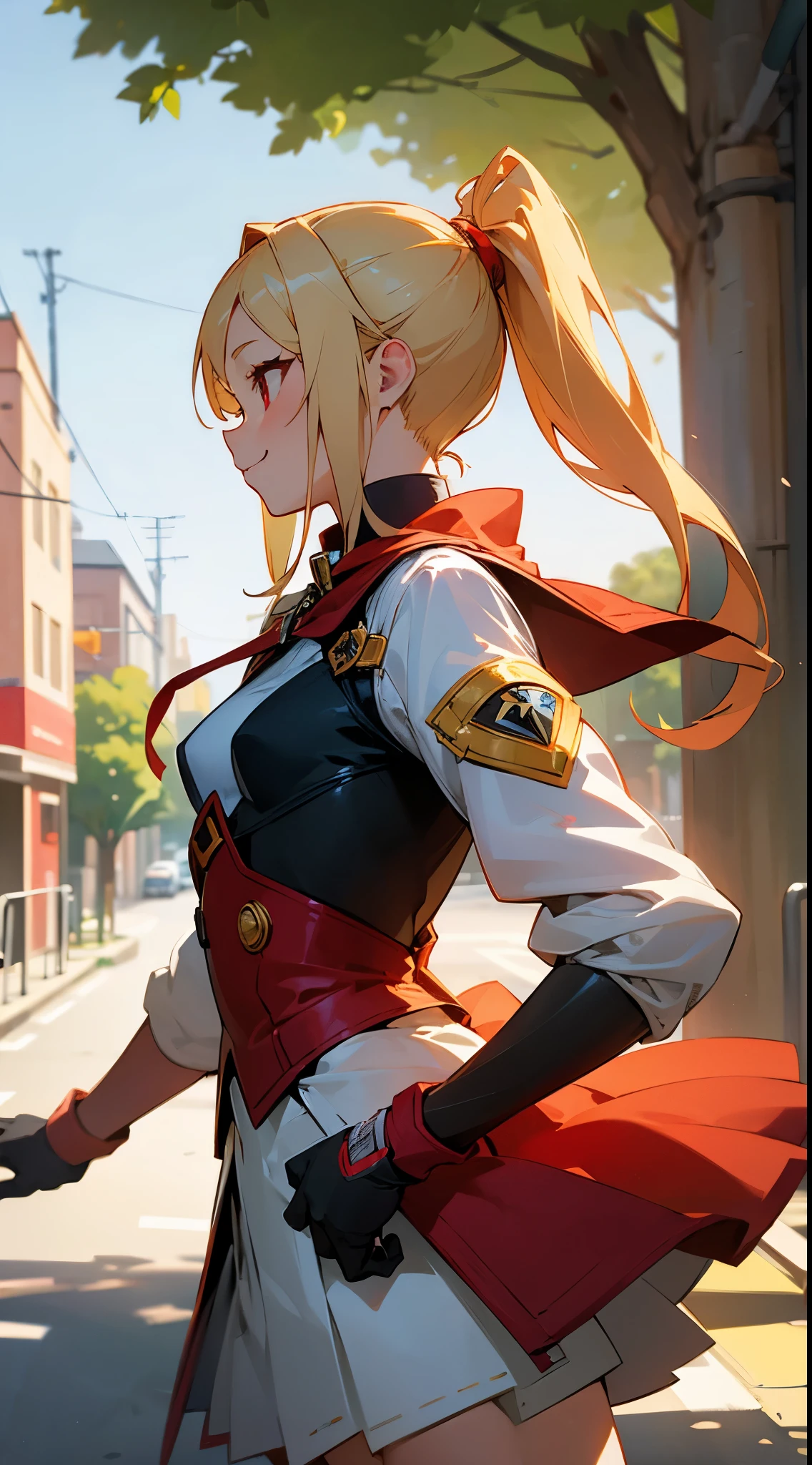 (best quality、Super detailed、Reality)、A girl full of vitality、high school girl、small breasts、riders jacket、blonde hair、red eyes、ponytail、profile、gloves、cheerful smile、stand in front of a street tree