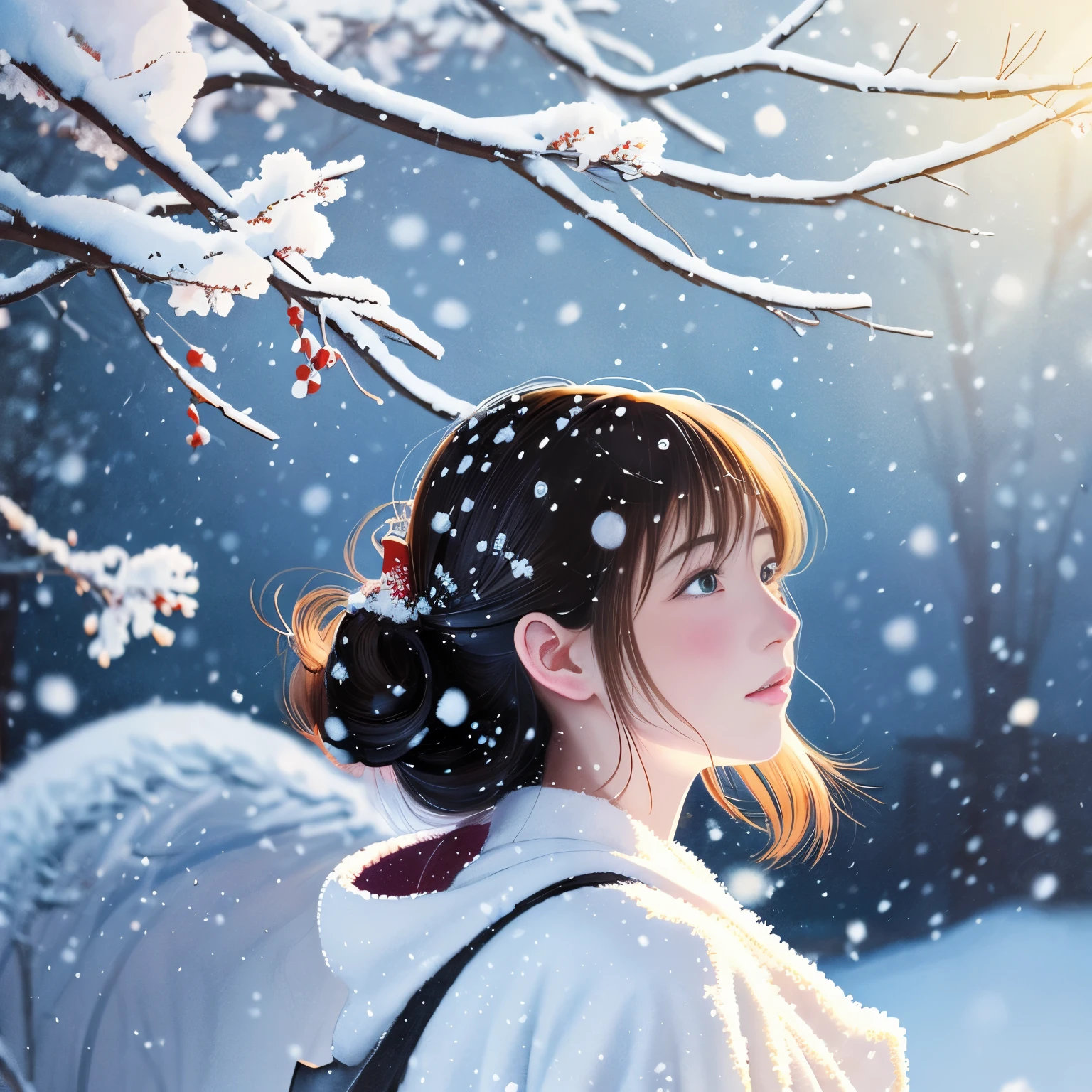 Illustration style、Showa Anime、ukiyoe painting、Woman、(Snow)、((Sensitive))、恋をしている