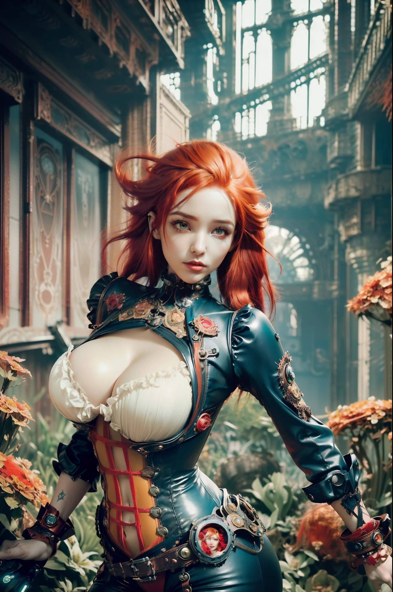 a very beautiful woman in detailed shorts and t-shirt, petite figure, steampunk objects, (((ciberpunk neon detailuturistic victorian style clothes, shy, gravity dash inspiration, expert high detail, (((wild red hair))), ciberpunk and steampunk mix, sexy pose, curvy, futuristic army clothes, futuristic weapon, abstract background with flowers details, hyper detailed background