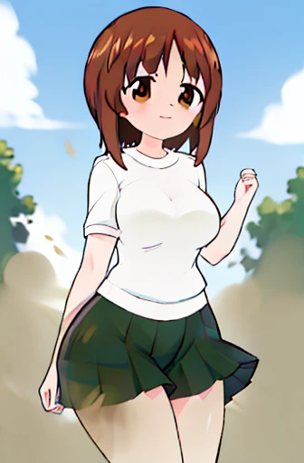 masterpiece, best quality, 1girl,solo,girls und panzer,nishizumi miho, brown hair, brown eyes,short hair,large breasts,ooarai school uniform,white shirt,black handkerchief,green skirt,loafers,outdoors, street, walking,women stink、Attack with farts、chies、shyness、女性はおならで攻撃する、お尻からガス
