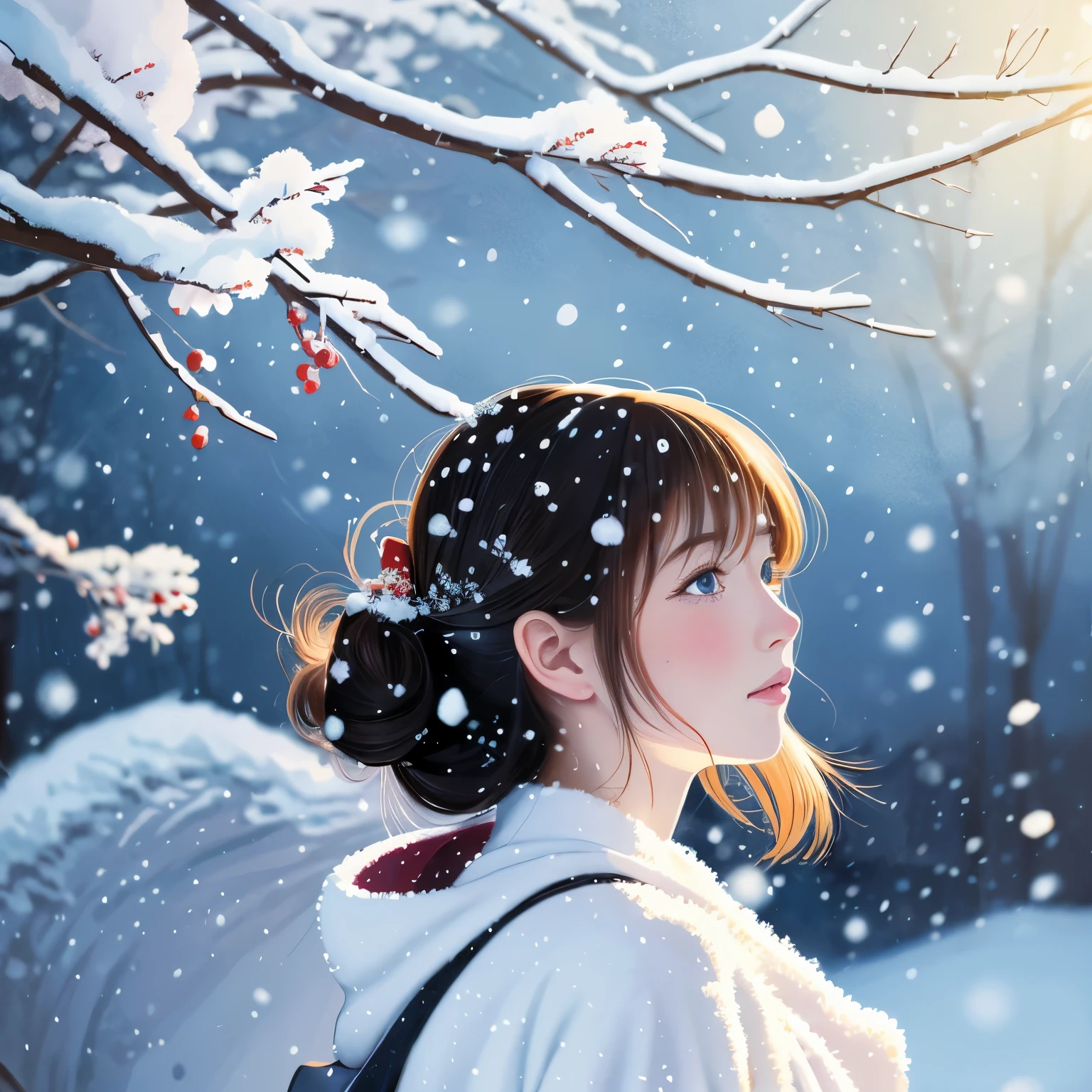 Illustration style、Showa Anime、ukiyoe painting、Woman、(Snow)、((Sensitive))、恋をしている