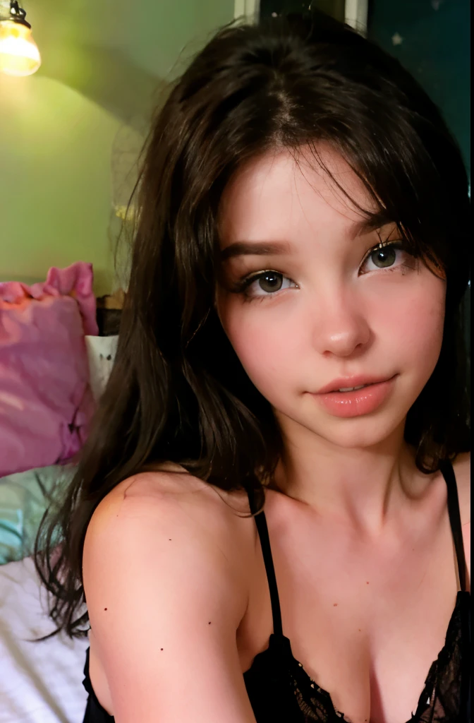 belledel taking a selfie, -yeld, diled eyes, no makeup, (loose hair), (dark hair), taken on an old camera, low res, dark, bad lighting, grainy, laying on bed, arm towards viewer, (covering breasts)
