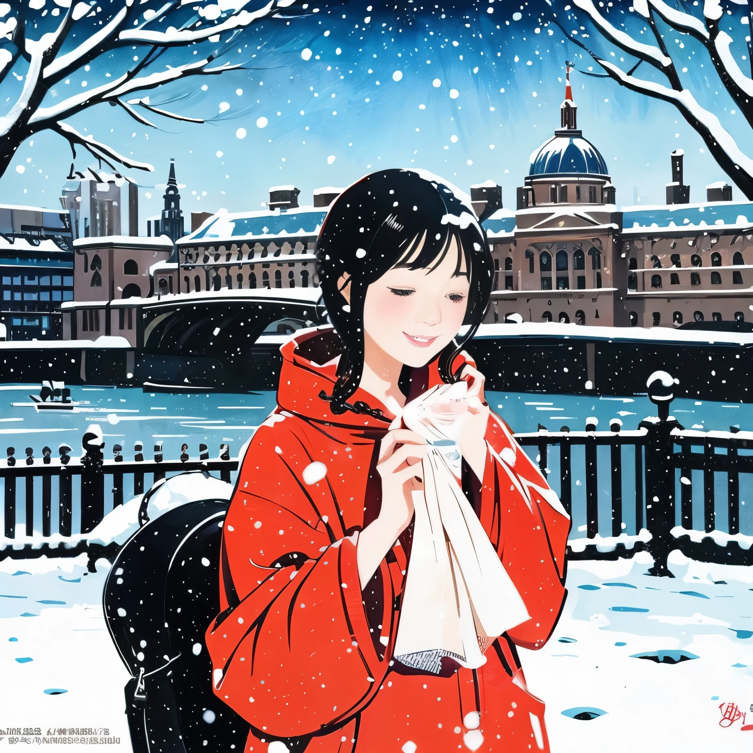 Illustration style、Showa Anime、ukiyoe painting、Woman、(Snow)、((Sensitive))、in love、London