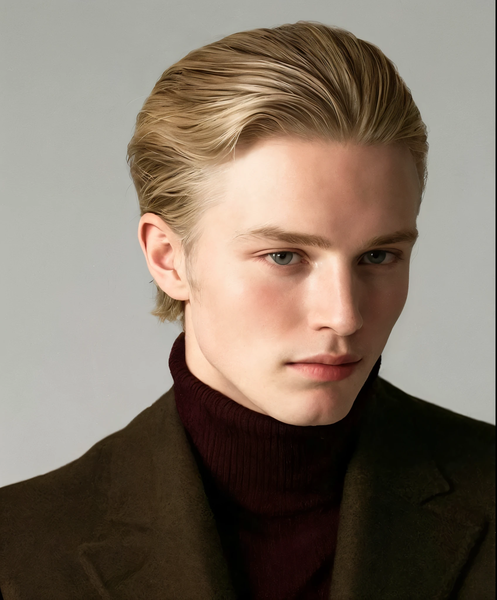 Blond man in a turtleneck sweater and a brown jacket., long blonde hair slicked back, modelo bien cuidado, slicked back hair, slicked back hair, short hair slicked back, usando cuello alto, very short hair slicked back, pelo rubio liso, vistiendo un jersey de cuello alto y una chaqueta, british blonde man, pelo resbaladizo