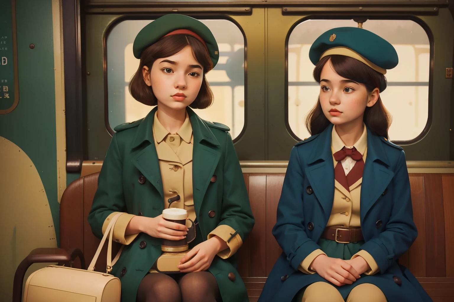 The Midnight Train Explorer: Picture a  girl with a beret, embarking on a nighttime adventure aboard a vintage train. The train compartments are filled with mysterious artifacts and talking toys. The girl wears a classic trench coat, capturing the essence of a whimsical train journey in Wes Anderson's enchanting color palette.