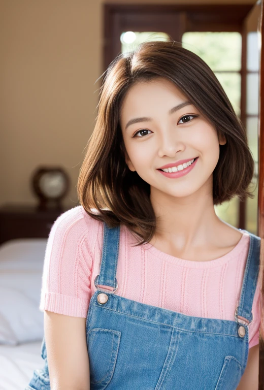 A beautiful woman with perfect eyes and nose、beauty like a model、cute like a model、eyes are double、How to use regular mascara、eye color is blue、hair color is pink、her face is delicate and elegant.、4K image、Beautiful style like a model、normal large、A refreshing and lovely smile、yellow blouse、plain orange mini skirt、pose like a model、Overall image、snap shot、Gramaloid Smile、Beautiful and delicate face like a model、highest quality、Masseter muscle part、sitting on the bed、sexy and cute、adult chick、in a bright room、cute face like a model、femininity、I'm wearing a miniskirt、