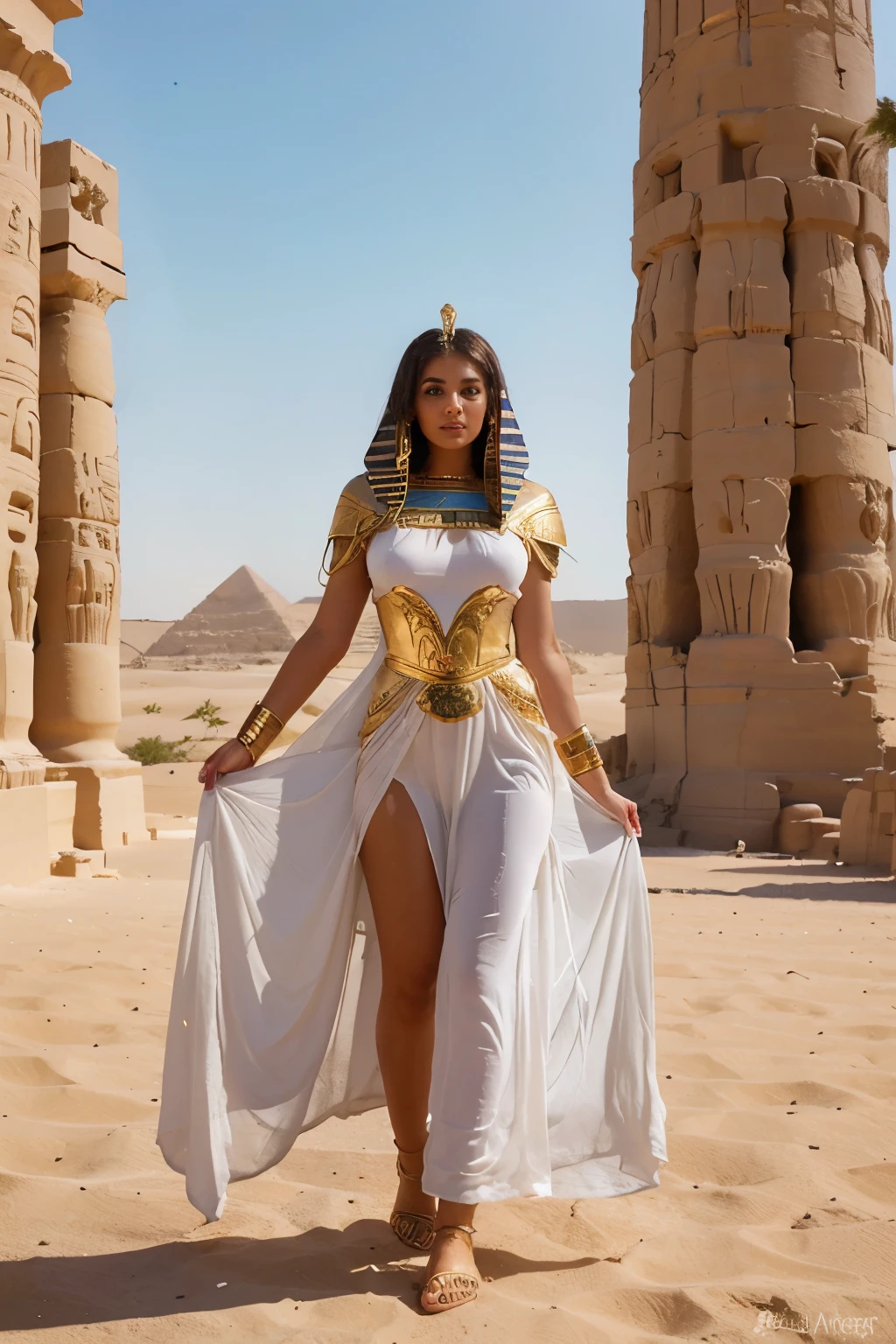 ((Egyptian Goddess))) best quality, ultra-high resolution, 4K detailed CG, master piece,oisiris,god. Egyptian mythology, white Egyptian clothing, full length dress, desert, aesthetics, Beautiful image, centered on the screen, oasis in the background, full body lenght, long dress.