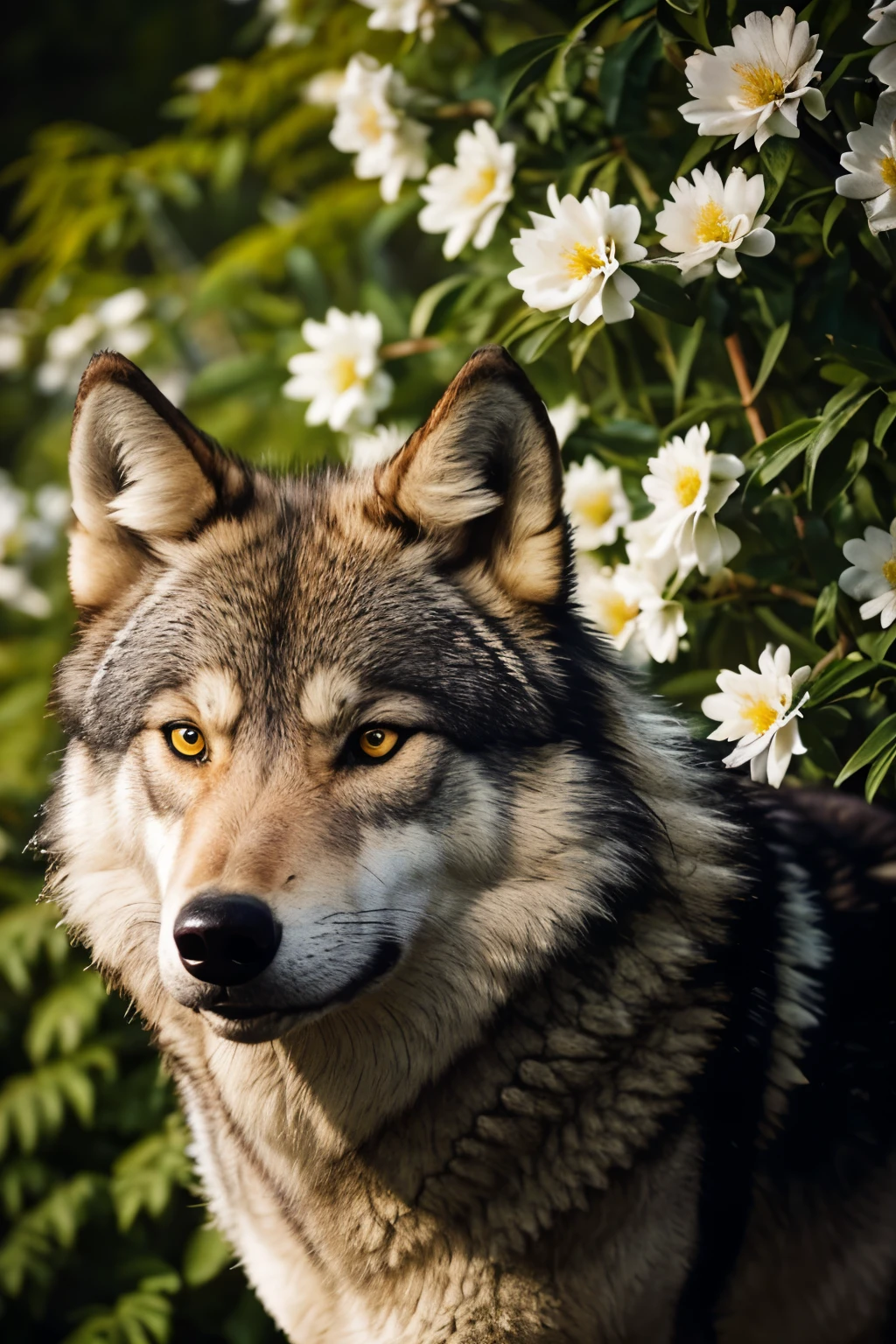 a wolf that standing in the bushes with flowers, photo of wolf, wolves and their treasures, portrait of a wolf, wolf portrait, retarded wolf portrait, furry wolf, angiewolf, wolf, over the head of a sea wolf, he has yellow wolf eyes, portrait of retarded wolf, wolp, dark grey wolf, portrait of a wolf head
