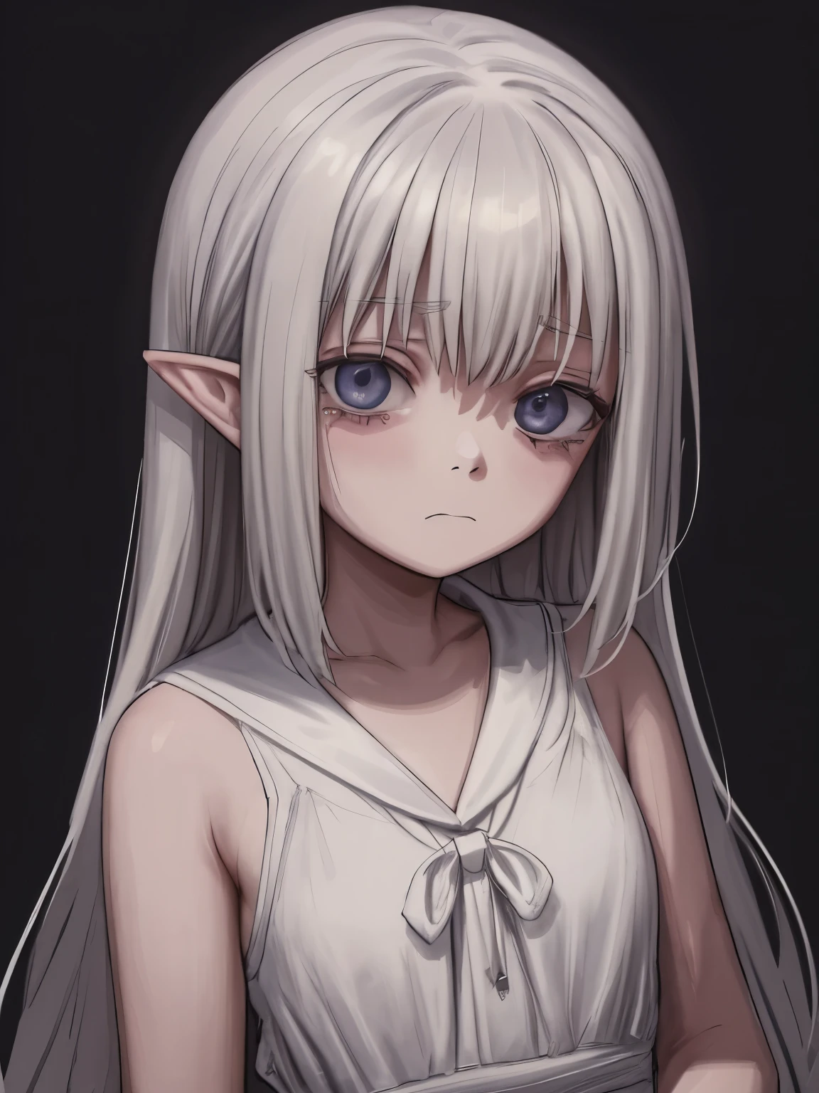 (masterpiece,best quality,ultra-detailed),1girl,beautiful and detailed face, detailed eyes,looking at viewer,delicate:1.2,((grey theme),((depression, sadness, melancholy)),pointy ears,pale skin,tired expression,sad,swollen eyelids,(li),in a dark cave