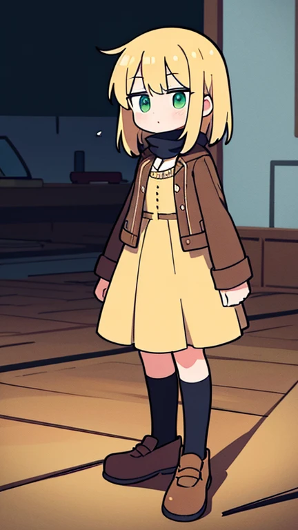 caramel blonde, left hair bangs, 19 years old, middle hair, green eyes, Frostpunk