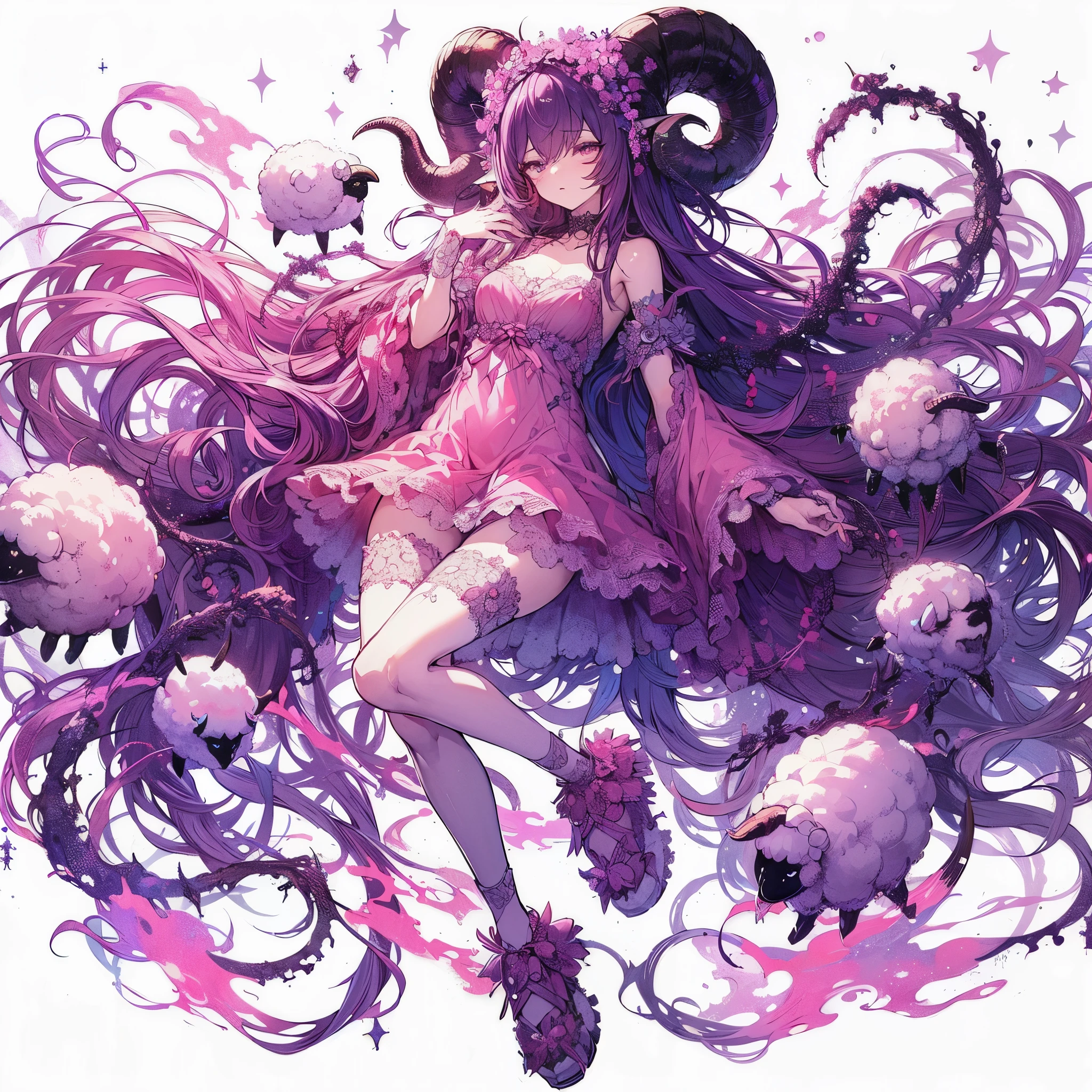 Masterpiece, best quality, ultra-detailed, anime style, full body of Chaos Demon female, Eldritch creatures, with sheep's horns growing on her head, thaumaturgy accessories, purple and pink Colors, 8k high resolution, trending art station, white background, whole body, sleepy standing, closed eyes.