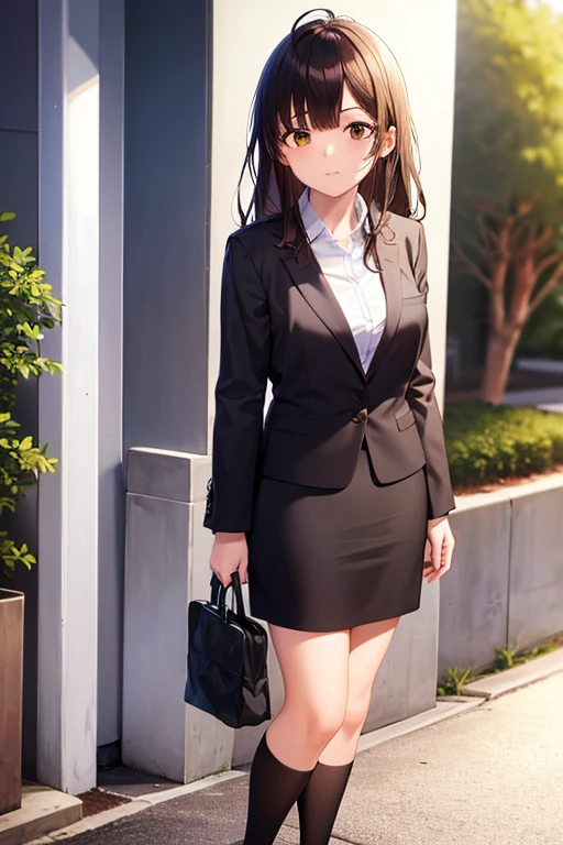 1girl, sayu ogiwara, suit, office lady, black skirt, black blazer, pencil skirt, long skirt, white shirt, collared shirt, long hair, teenager, looking at viewer, full body