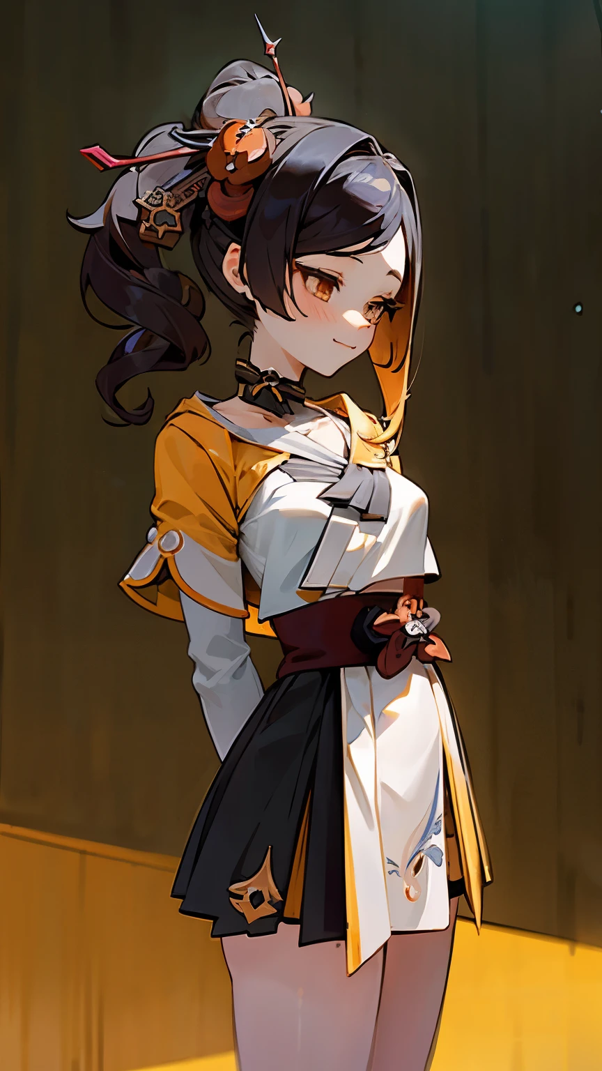 masterpiece, best quality, high resolution ,white long hair, mature half up hairstyle, fantasy clothes, Genshin Impact style, (Genshin impact style of clothes), short sword, white dress and orange attachments , collarbone, cowboy shot, arms behind back, orange eyes, medium chest, B tits, look from back, blush, red smiley starry eyes, smile, closed mouth, cute, loli, ecchi, 18 years old, (NSFW), correct anatomy, correct hands, five fingerasterpiece)、(best qualtiy)、(ultra-detailliert)、(a high chroma)、(CG Illustration)、((full-shot))、22 year old beautiful schoolgirl、Delicate beautiful face、(red blush), (Anime-style eyes:1.3), 、((turned around))、The best lighting、shores