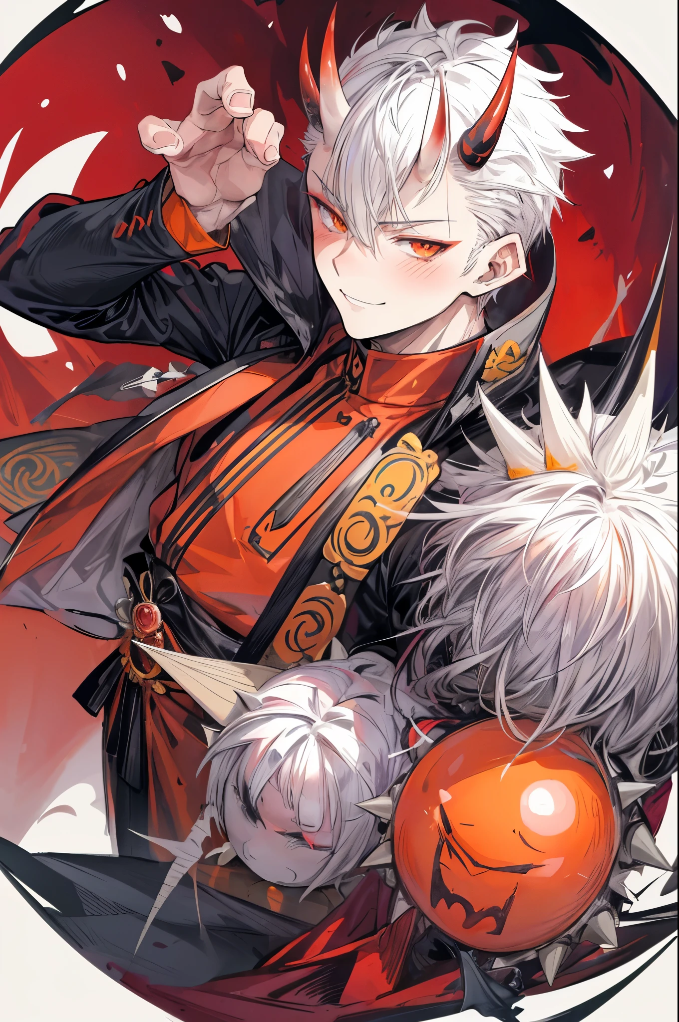 (flat color:1.1),(masterpiece:1.2), best quality, masterpiece, original,(short white spiked hair:1.2), orange eyes and accents, (mature handsome anime man with oni horns looking at the camera with a smile and blush:1.2), oni