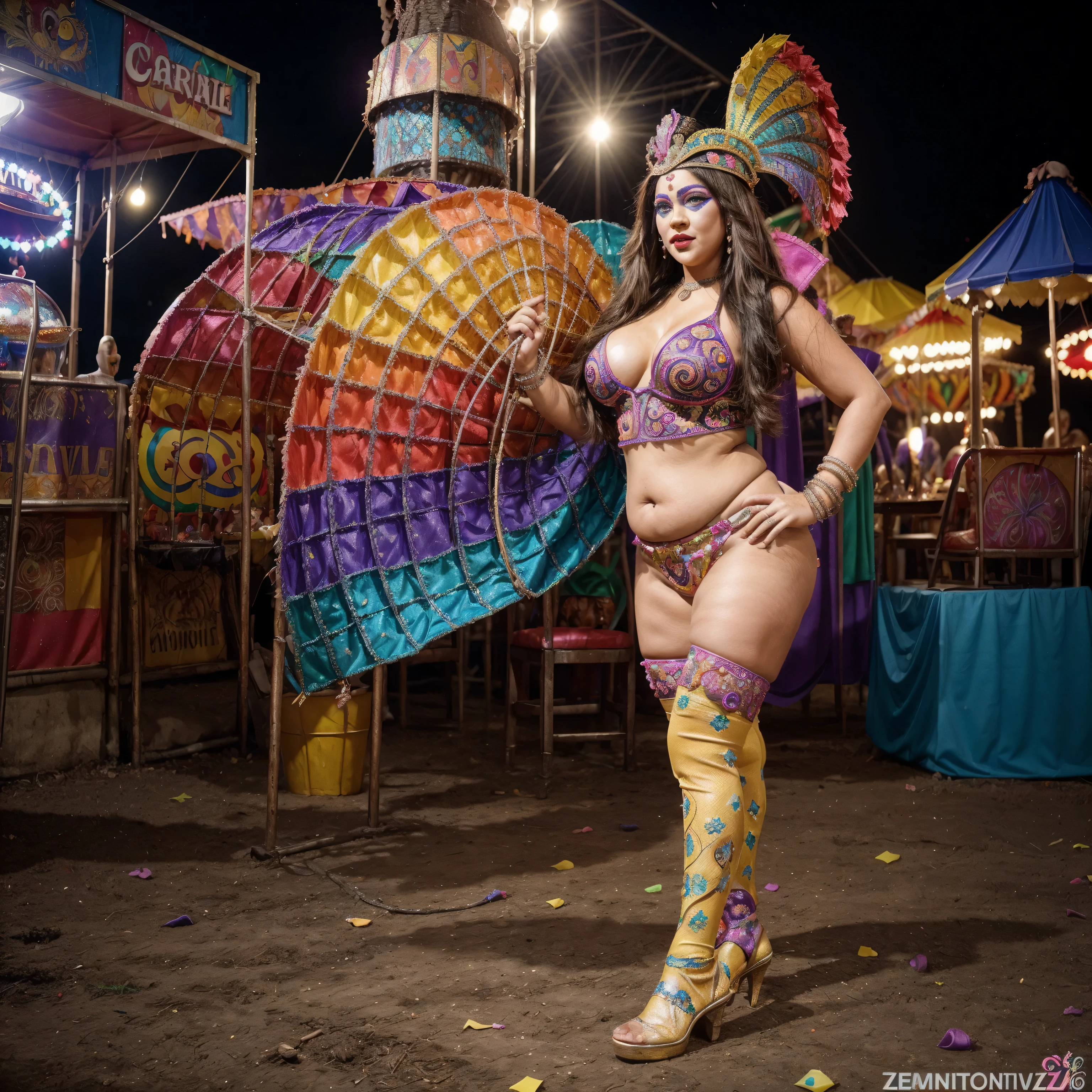 Masterpiece, (8k wallpaper) , (best quality), perfect quality, solo, ((blowing long brunette hair )), Anna semenovich, (((A sexy fat voluptuous mature obese))), ( very full body, very full figure, very curvy, chubby, navel, very thicc, very thick, fat thighs), ((lots of carnival and colorful items around)), highest detailed,(zentangle:1.4), full body, (((brown eyes))), (((carnival fiesta crowd abehind her and by night))) and colorful background), (shiny skin), (((Carnival Mask theme background, colorful and cheerful,samba, confetti, festival, party))), (lots of carnival and colorful), (super detailed anatomuper detailed face), (carnival and colorful theme), (carnival and colorful skin skirt), ((carnival and colorful stockings))), (carnival and colorful skin), (carnival and colorful skin clothes), (into the big carnival and colorful), (scary joker beauty makeover), (((most unique costume))), (dark lighting), she standing at the concrete and stone floor, (((carnival drum on the ground))), ((((colors are vivid and rich)))),