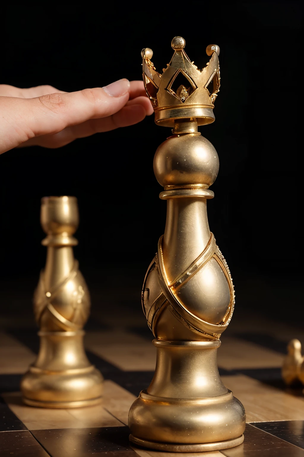 Design a logo featuring two intertwined 'M's formed by chess pieces, each adorned with a golden crown. Against a sleek black background, this logo symbolizes strategy, mastery, and royal elegance. The chess pieces can be creatively arranged to depict the 'M' shape, while the golden crowns add a touch of regality. The overall design should be visually striking and sophisticated, reflecting a sense of power and control