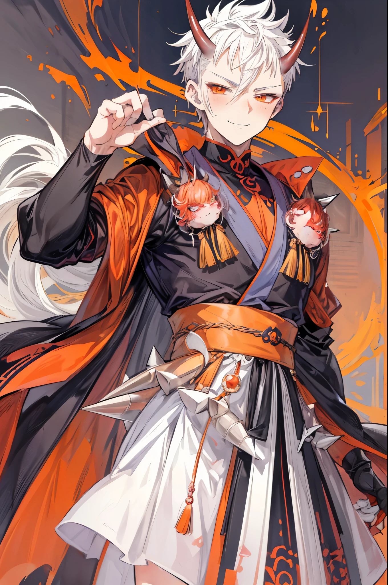 (flat color:1.1),(masterpiece:1.2), best quality, masterpiece, original,(short white spiked hair:1.2), orange eyes and accents, (mature handsome anime man with oni horns looking at the camera with a smile and blush:1.2), oni